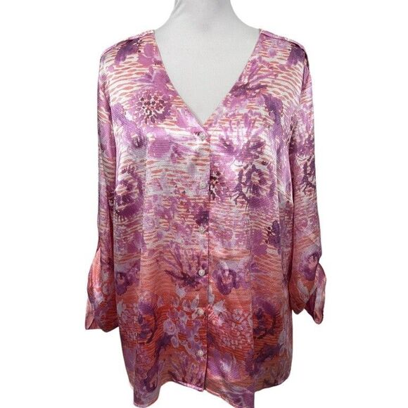 Ruby Rd Blouse Plus Size 18W Pink & White Chiffon Satin Floral Button V Neck - Picture 11 of 11